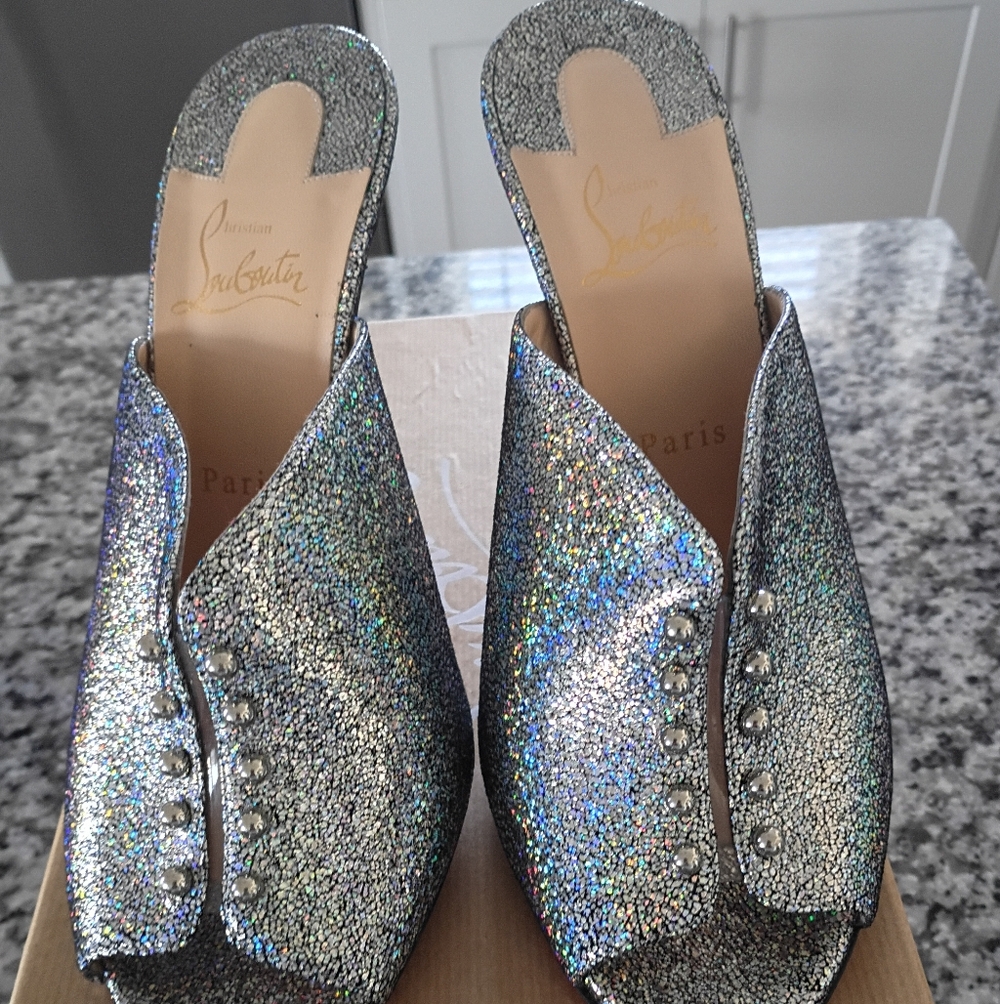 Christian Louboutin Predumule 100 Silver Nappa Mica Backless Mule Heel Pump 40